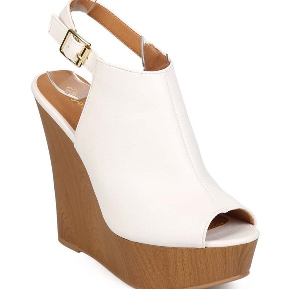 Qupid Leatherette Peep Toe Slingback Wedges - Picture 2 of 2